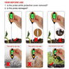 A set of soil health testing probes shown in various conditions, including dry, wet, and just right soil.