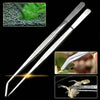 A pair of stainless steel precision dual-tip tweezers shown alongside a green plant sample and a close-up of the tips.