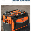 An orange and black heavy duty open top tool organizer bag filled with various tools.