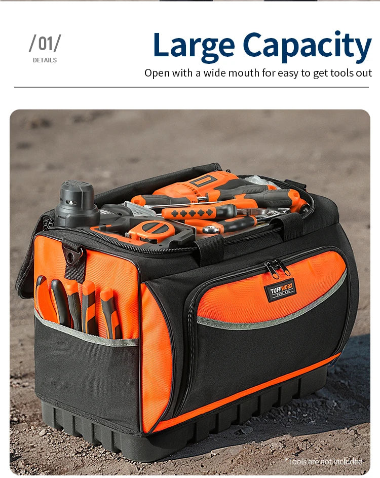 An orange and black heavy duty open top tool organizer bag filled with various tools.