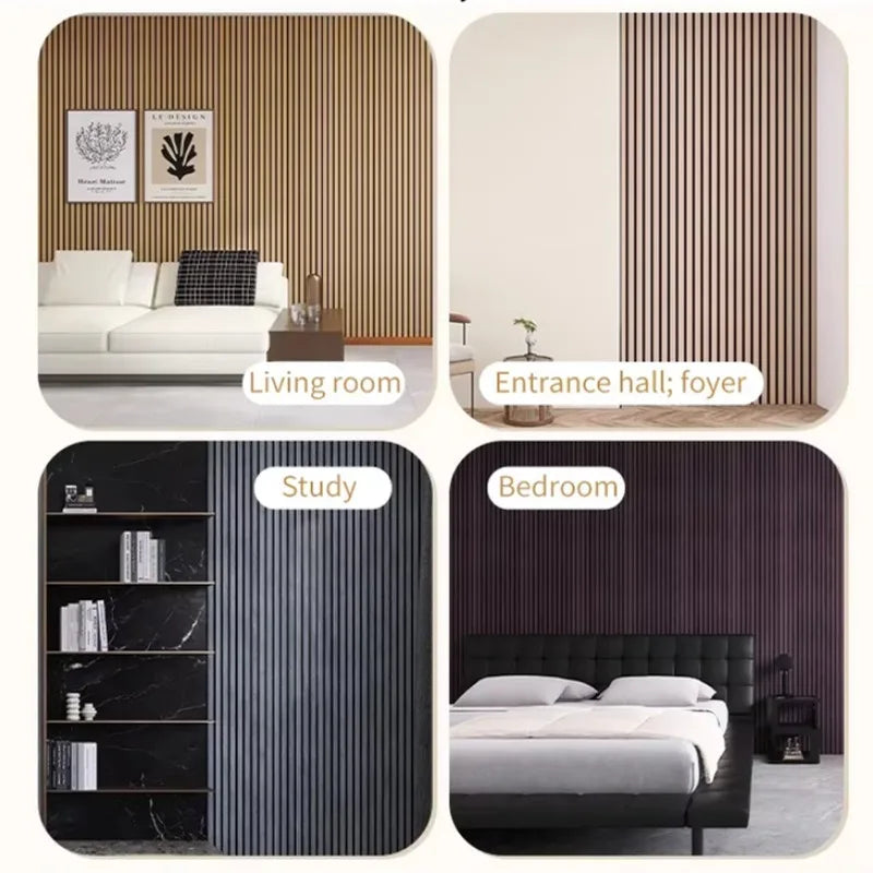 Interior design featuring self-adhesive wood grain wall panels in various shades and textures for living room, foyer, study, 