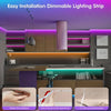 A purple and pink dimmable lighting strip installed under cabinets in a modern kitchen setting.
