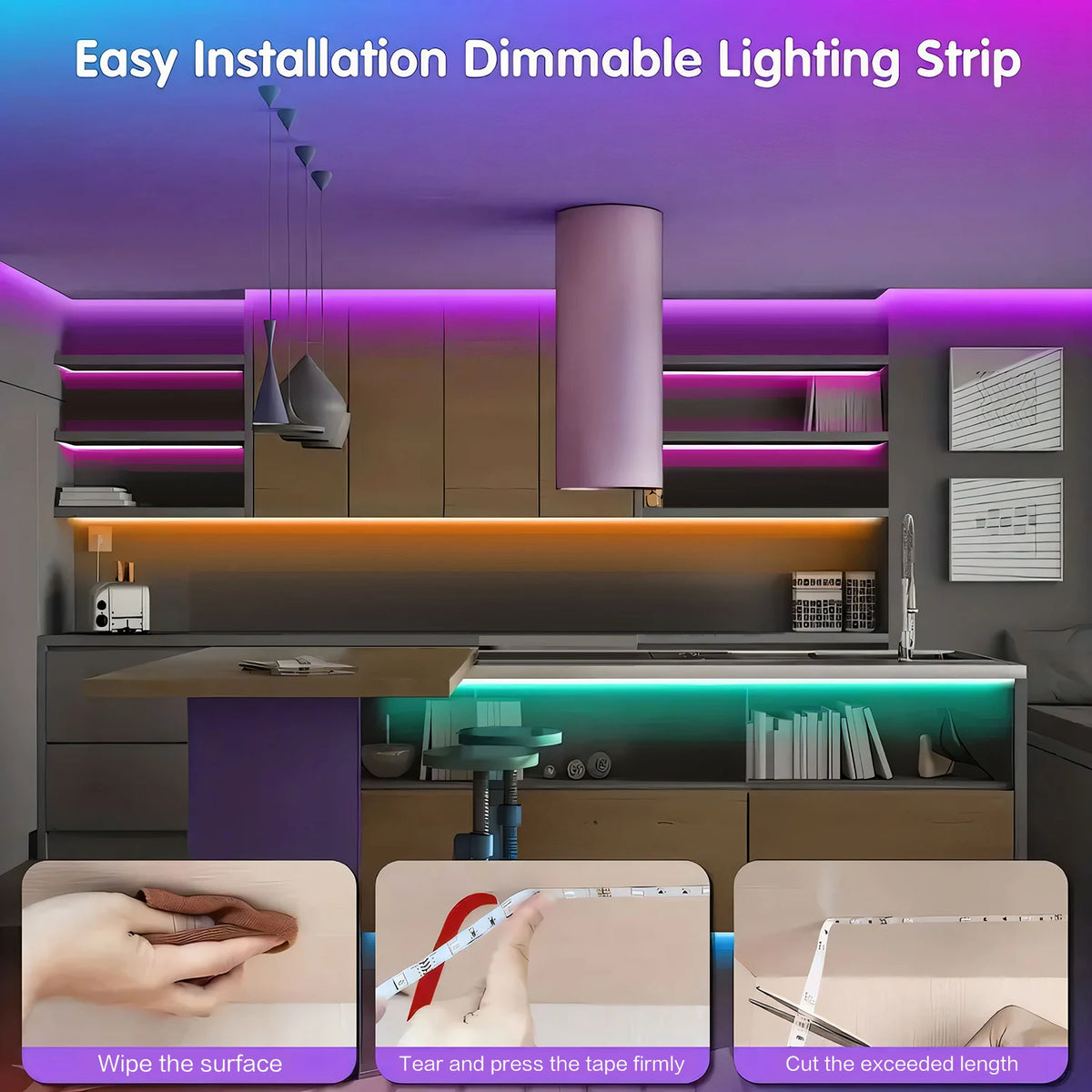 A purple and pink dimmable lighting strip installed under cabinets in a modern kitchen setting.