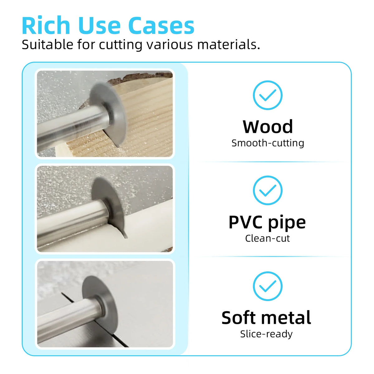 A set of cutting discs used for smoothing and clean-cutting various materials like wood, PVC pipe, and soft metal.