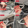 Close-up shots of professional car clip removal pliers being used on engine compartments, chassis, bumpers, and fenders.