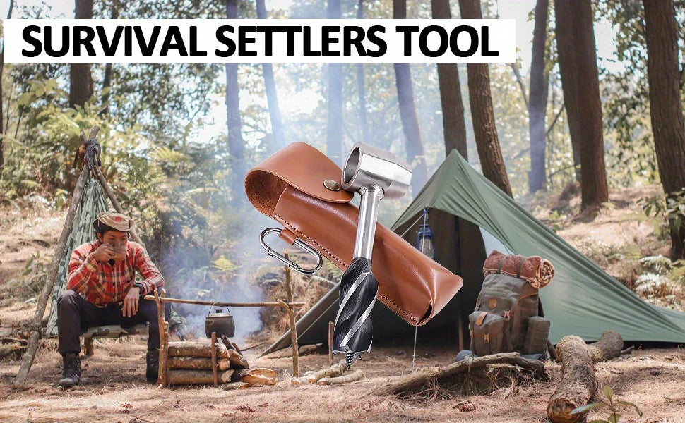 A survival settler tool setup showing a person working near a tent and various tools in a wooded outdoor environment.