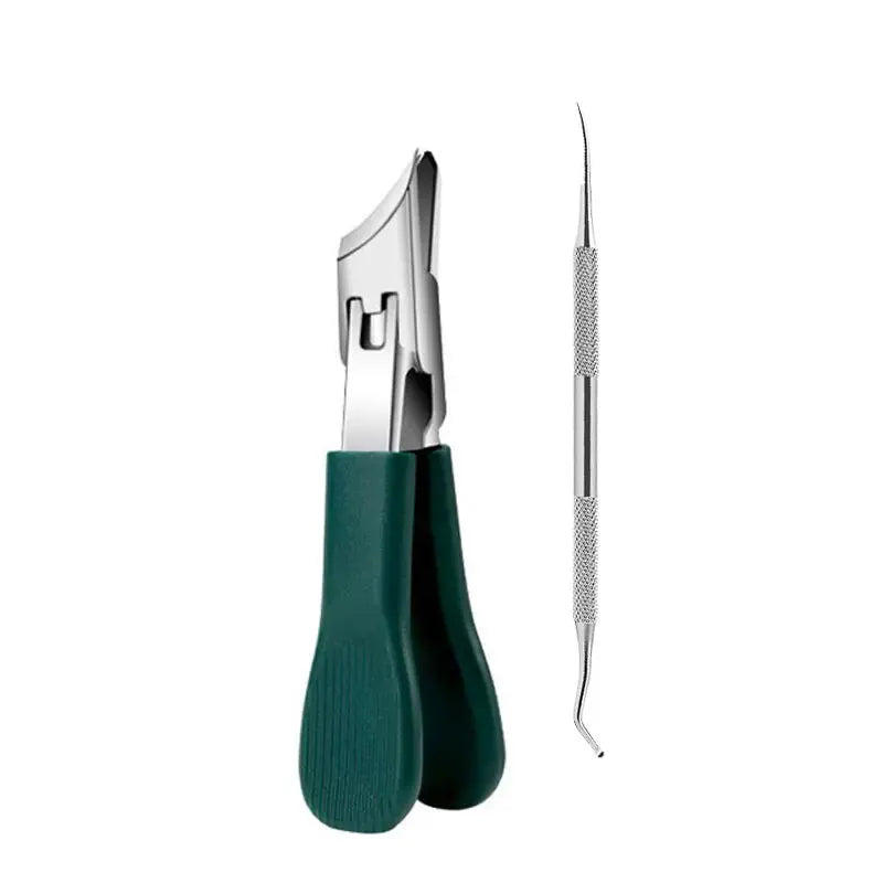Un set de coupe-ongles et de tondeuse professionnel en acier inoxydable avec des poignées vertes.