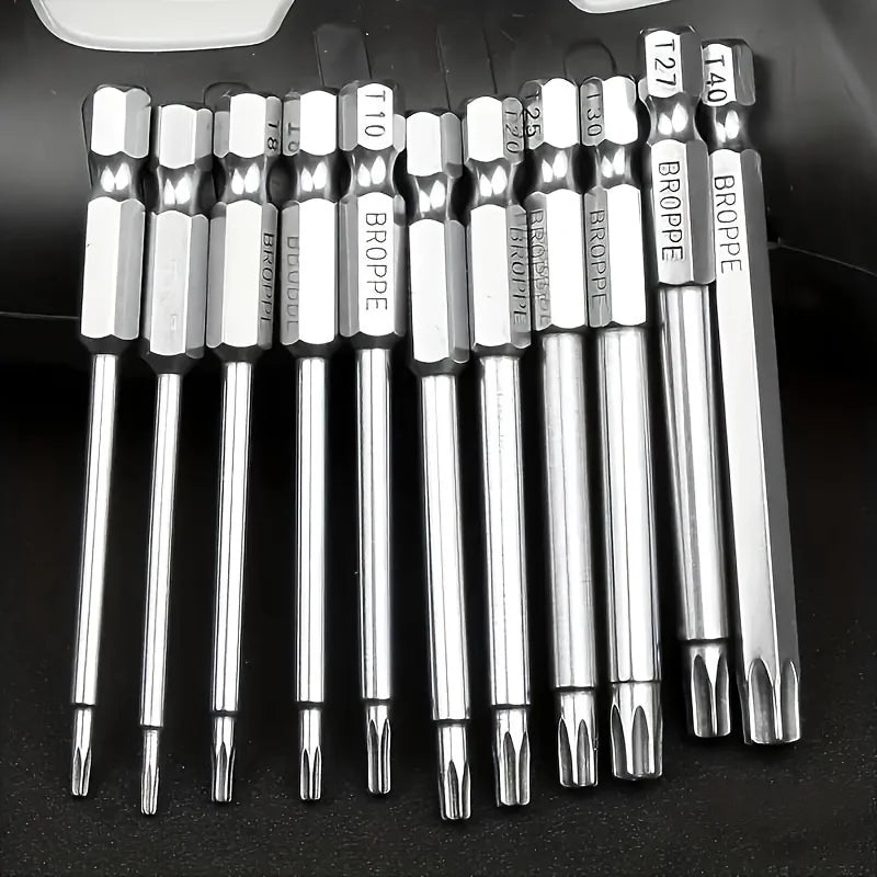 A set of eleven precision star Torx bits, including T10 and T27 sizes, displayed against a dark background.