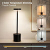 A black touch controlled dimmable LED desk lamp with three light color options displayed.