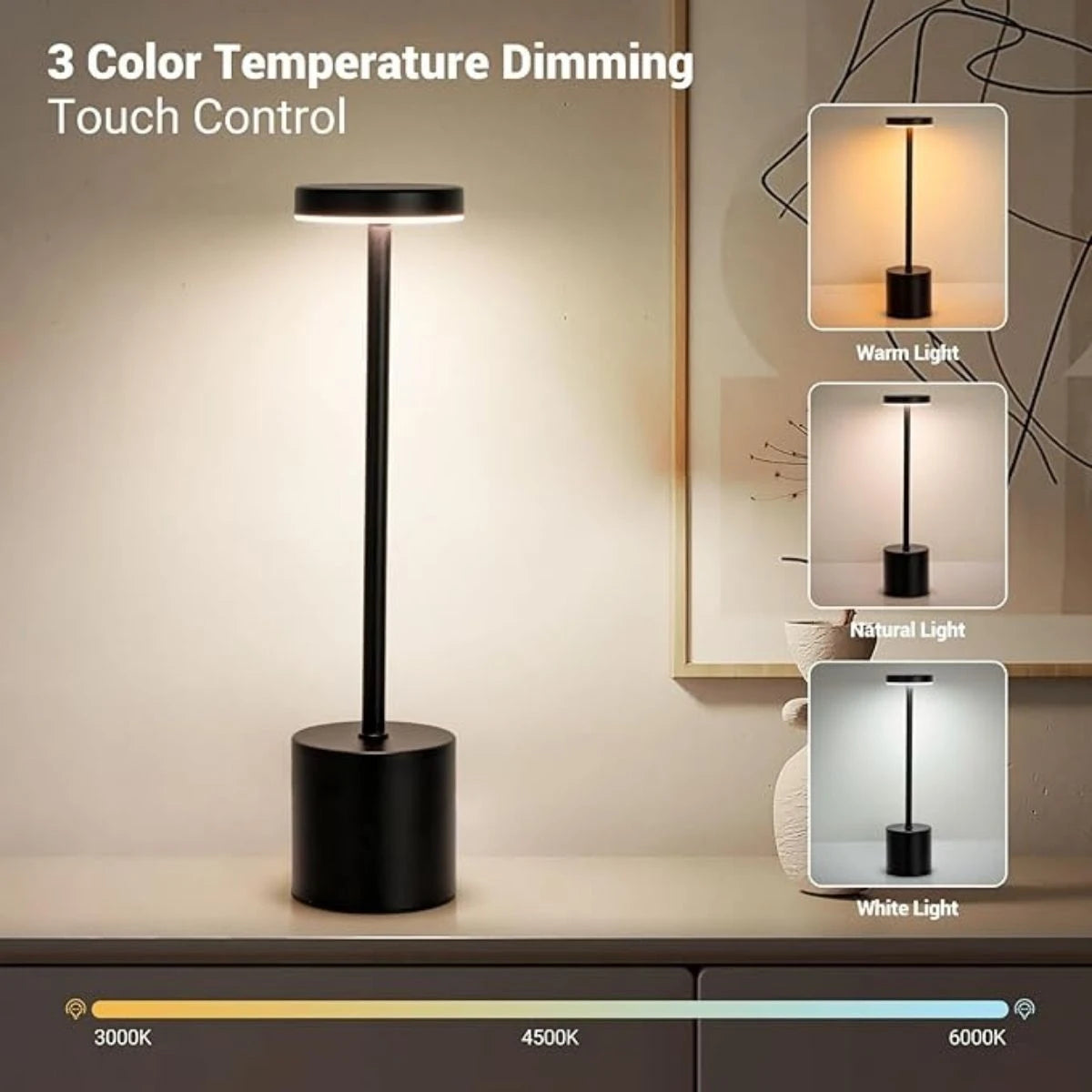 A black touch controlled dimmable LED desk lamp with three light color options displayed.