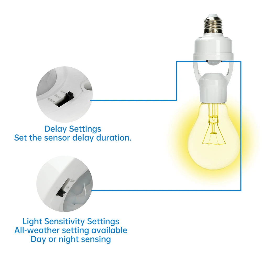 A white LED lamp base converter with a bulb and settings controls for delay and light sensitivity.