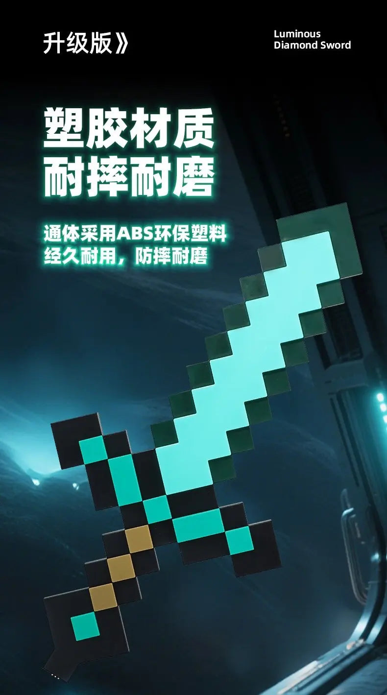 A glowing cyan and black pixelated diamond sword prop displayed in a dark, futuristic setting.