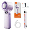 A purple portable handheld turbo fan with a digital display and charging cable.