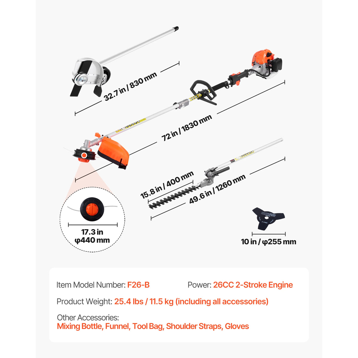 A heavy-duty gas hedge trimmer and brush cutter with various attachments shown in a diagram.