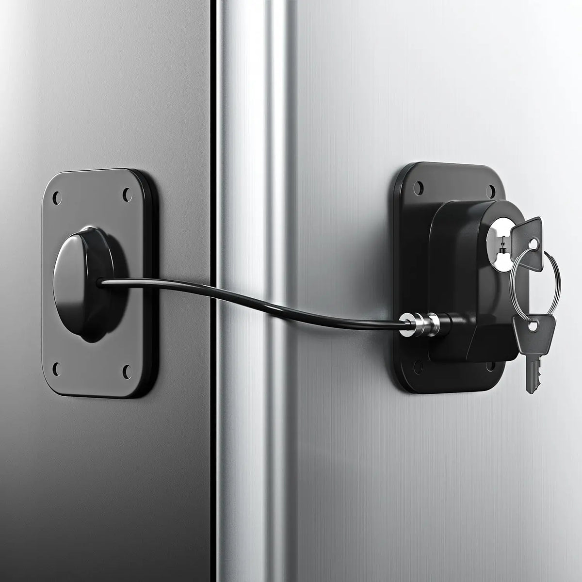 A black silicone refrigerator lock with a key is mounted on a silver appliance door.