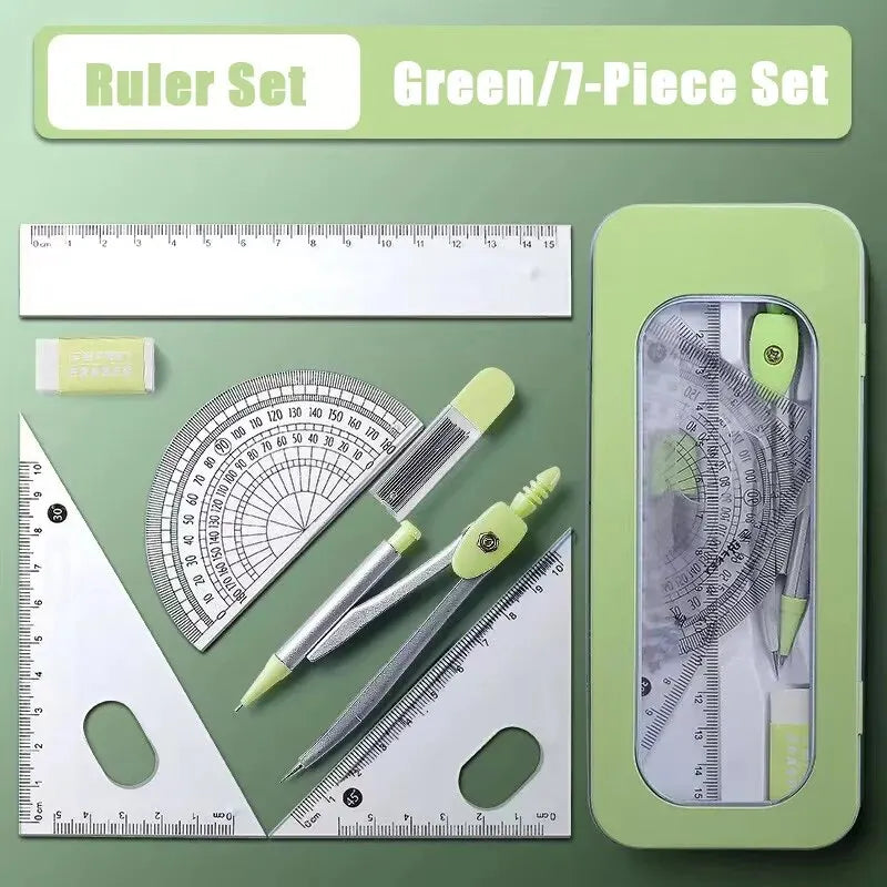 A green 7-piece ruler set featuring a compass and various measuring tools displayed on a green background.