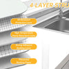 A close-up view of a stainless steel sink and a multi-layer structure for wall stickers.