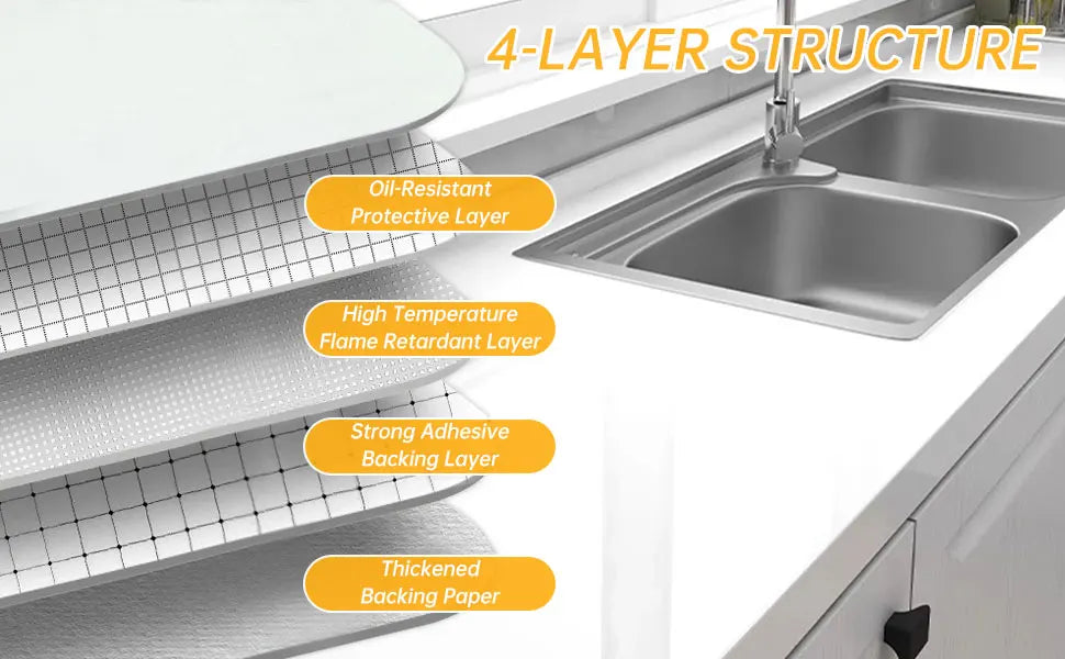 A close-up view of a stainless steel sink and a multi-layer structure for wall stickers.