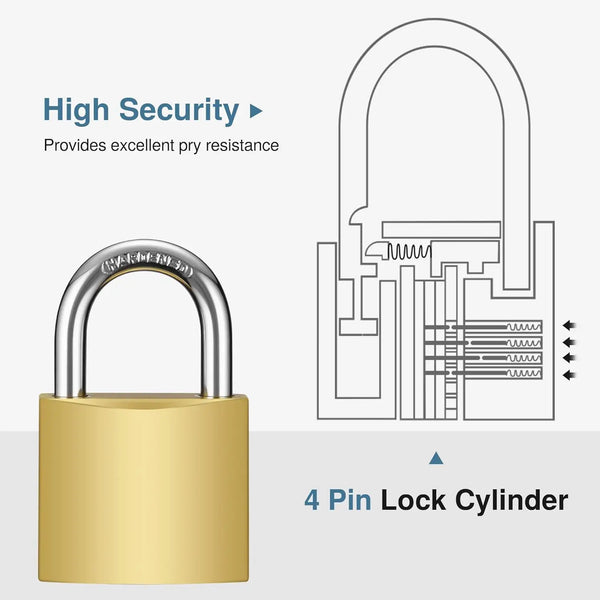 A gold-colored padlock with a silver shackle and a 4 pin lock cylinder is shown next to a diagram illustrating its high secur
