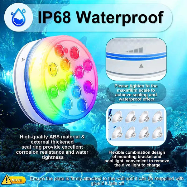 An IP68 waterproof submersible LED underwater pool light with a remote control is shown against a blue aquatic background.