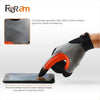 A hand wearing a gray and black spandex glove is shown gripping a smartphone screen.