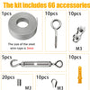 Kit de accesorios de acero inoxidable, incluyendo cuerda de alambre, ganchos y piezas metálicas como tornillos M3 y alicates.