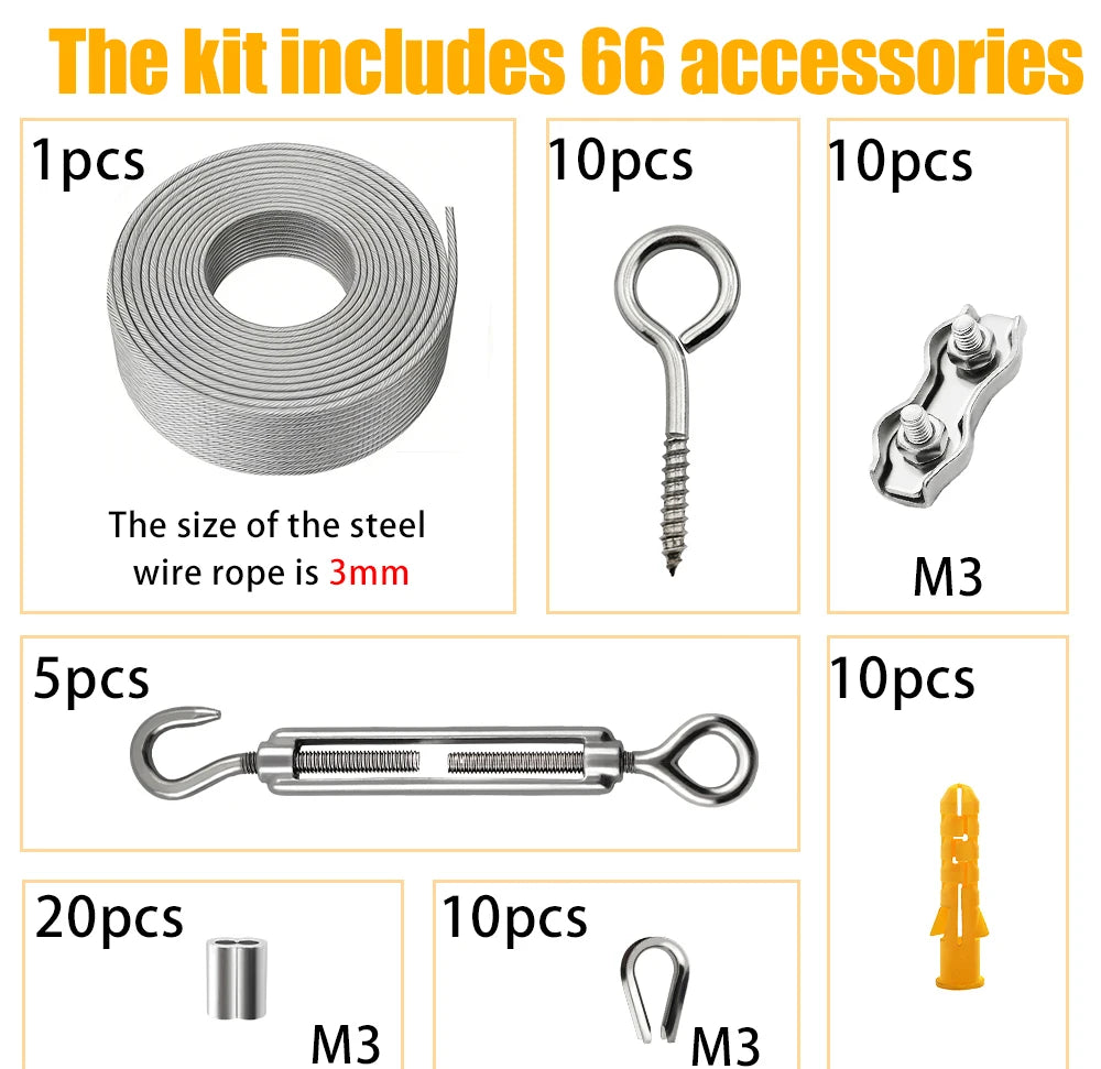 Kit de accesorios de acero inoxidable, incluyendo cuerda de alambre, ganchos y piezas metálicas como tornillos M3 y alicates.