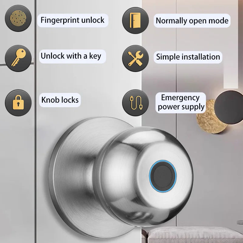 A close-up view of a modern biometric fingerprint smart door lock with a metallic finish and a round keyhole.