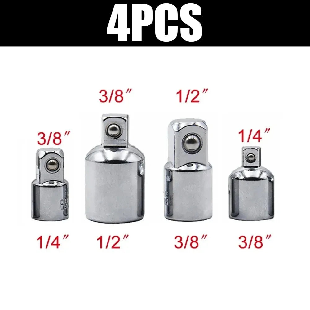 A set of four precision socket wrench adapters with various sizes including 3/8 inch, 1/2 inch, and 1/4 inch.