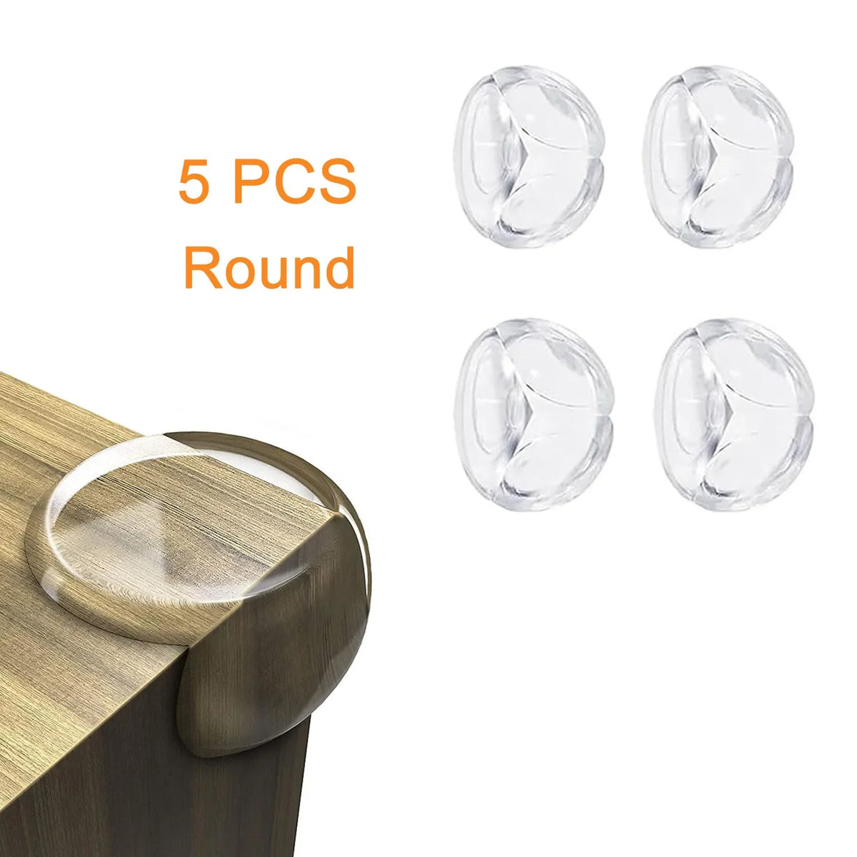 Five round silicone corner edge guards for baby safety shown next to a wooden surface.