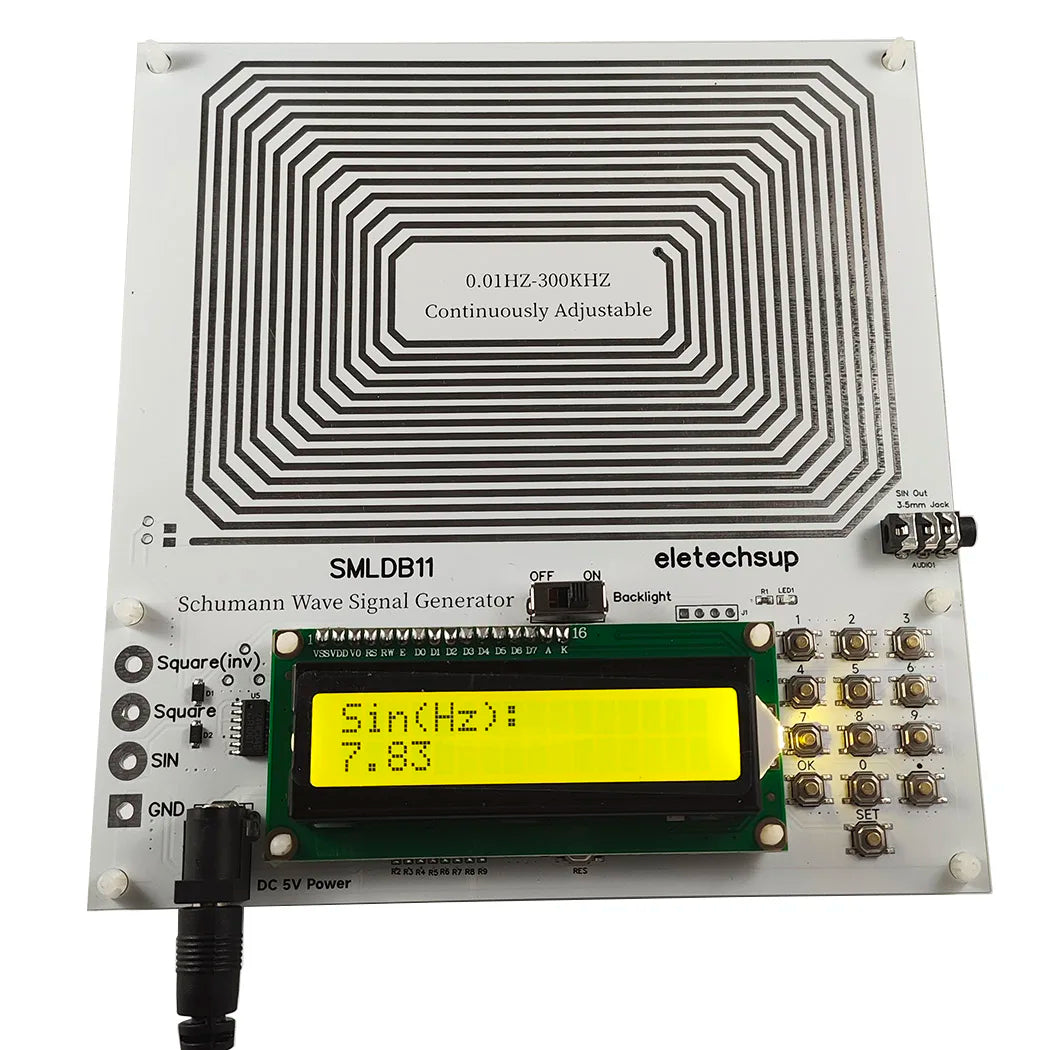 A circuit board for a Schumann Resonance Frequency Generator with an adjustable frequency output and a digital display.