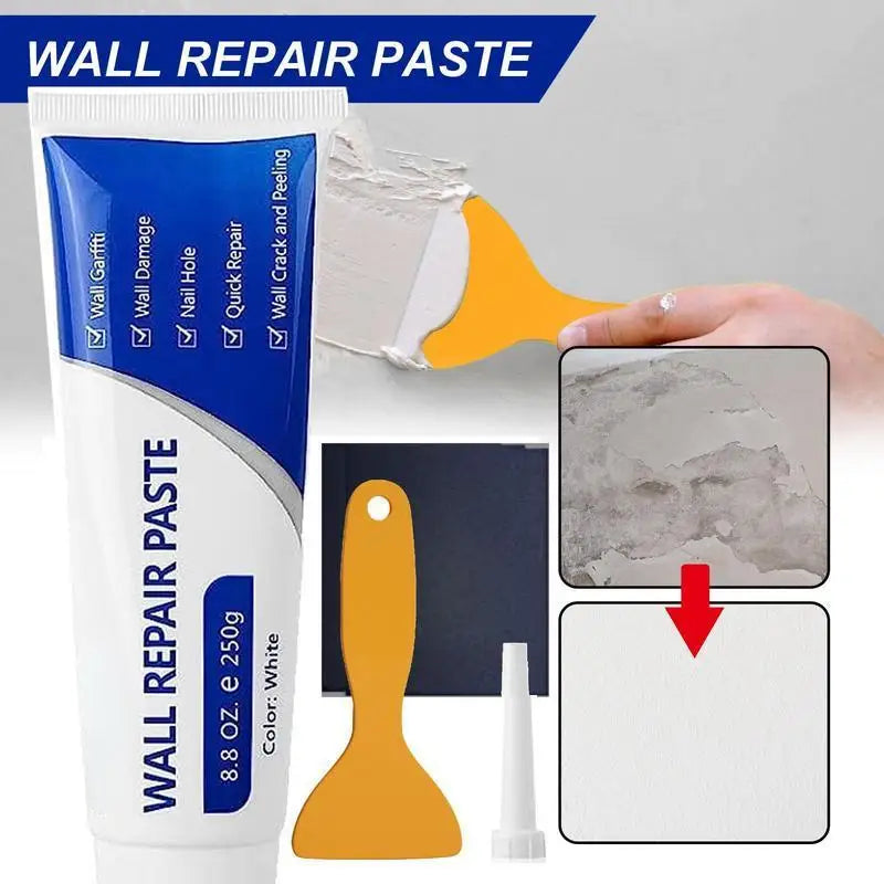Tube of white wall repair paste with a spatula and a swatch of repaired wall surface.