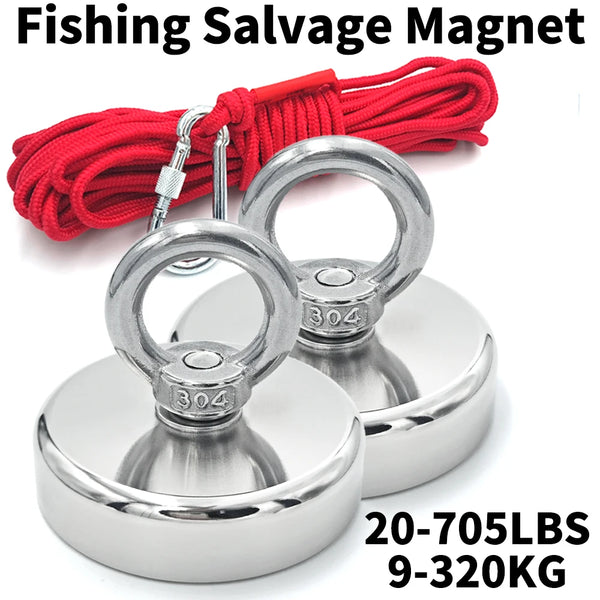 Red fishing salvage magnet with a silver hook and a magnetic disc, labeled 20-705LBS (9-320KG).