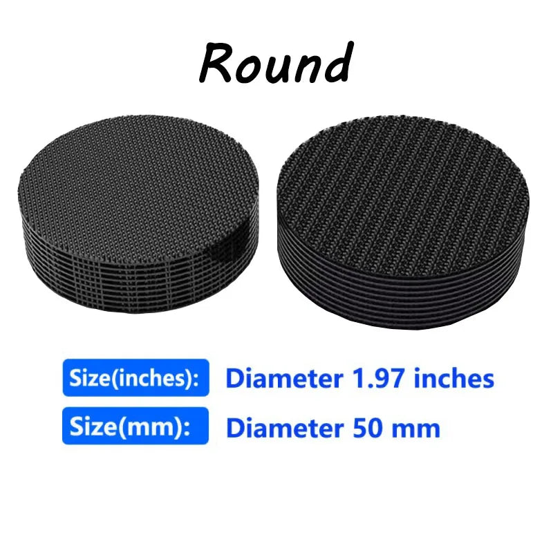 Round black hook and loop carpet fixing tape with a 1.97 inch diameter.