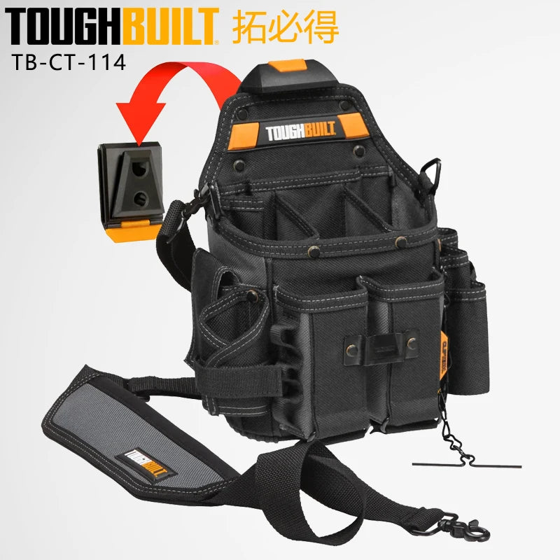 حقيبة تخزين أدوات سوداء من ToughBuilt مع لمسة برتقالية، تظهر بحزام.