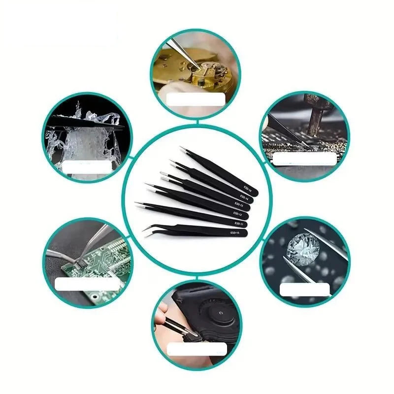 A set of precision stainless steel tweezers used for electronics and crafting, shown in various angles.