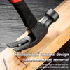 A close-up of a black claw hammer with a V-shaped nail removal design resting on a wooden surface.