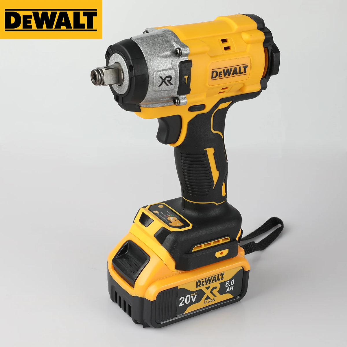 A yellow and black DEWALT 20V XR cordless impact wrench tool.