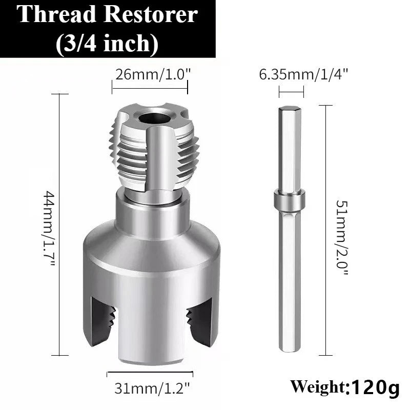 A silver thread restorer tool with a 3/4 inch diameter and various sizes shown for pipe threading.