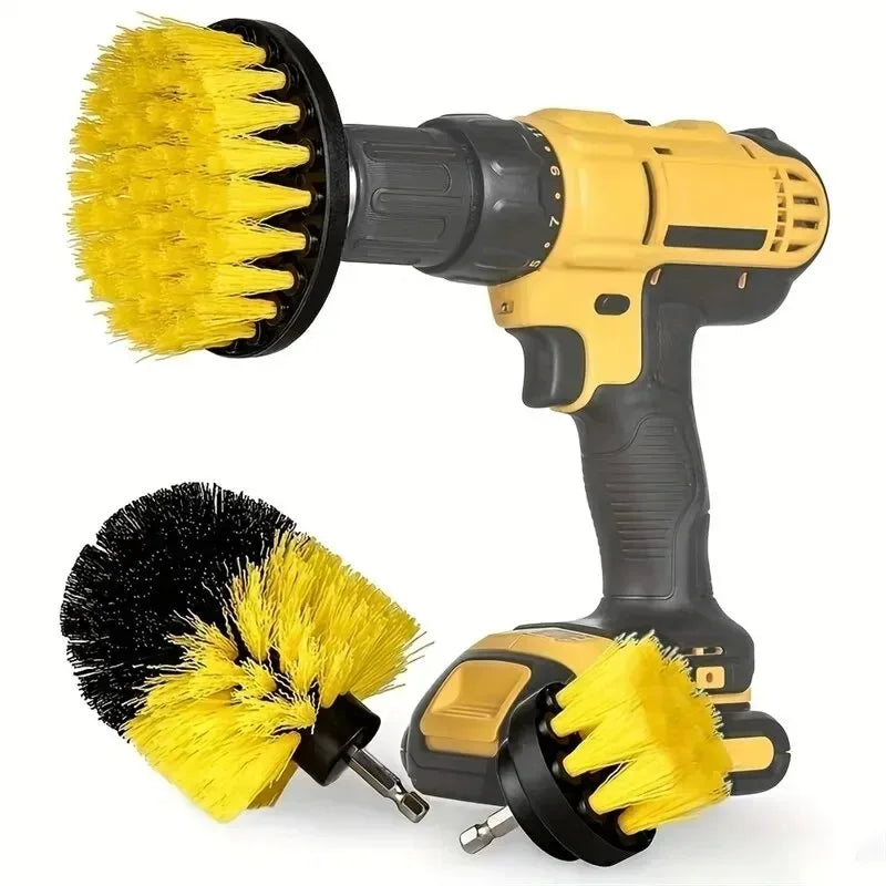 Ensemble de 3 brosses à perceuse jaune et noire pour un nettoyage en profondeur, incluant une perceuse manuelle et trois bros