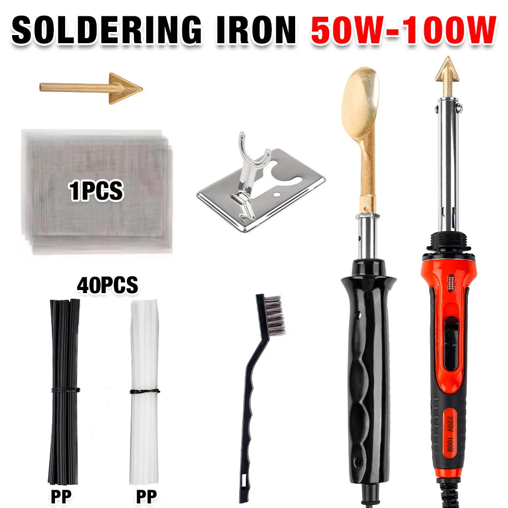 A set of soldering irons, including a 50W-100W iron, tips, and cleaning tools.