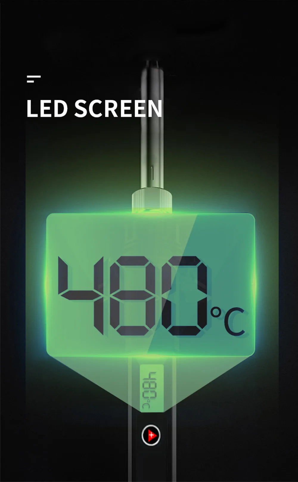 Gros plan d'un écran LED affichant 480°C sur un kit de fer à souder électrique de précision.