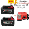 Two black M18 lithium replacement batteries are shown with a red accessory and DHL shipping text.