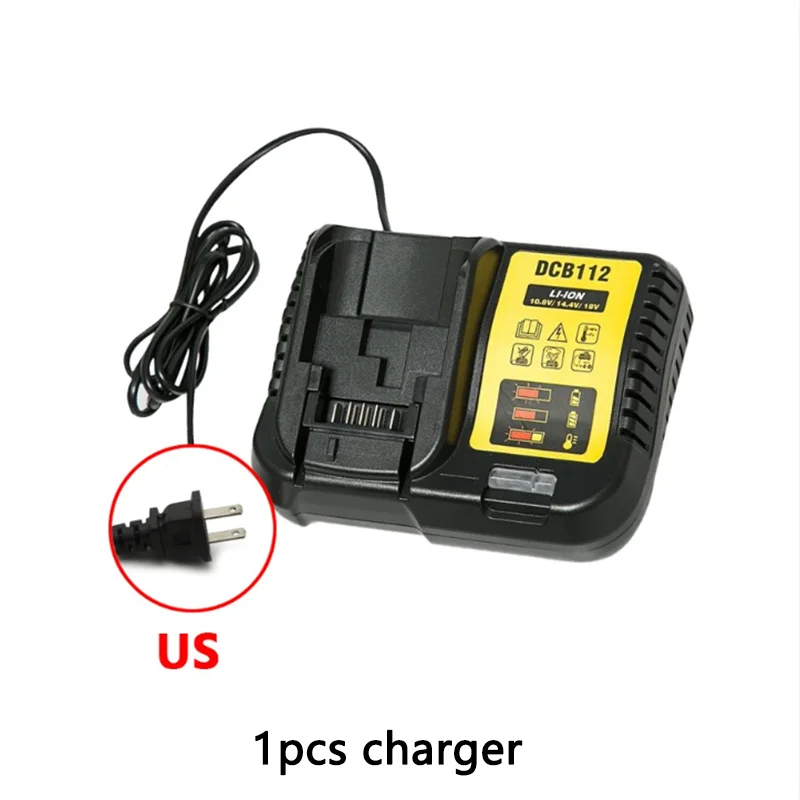 A black DCB112 lithium-ion battery charger with a cable and a connector is shown.