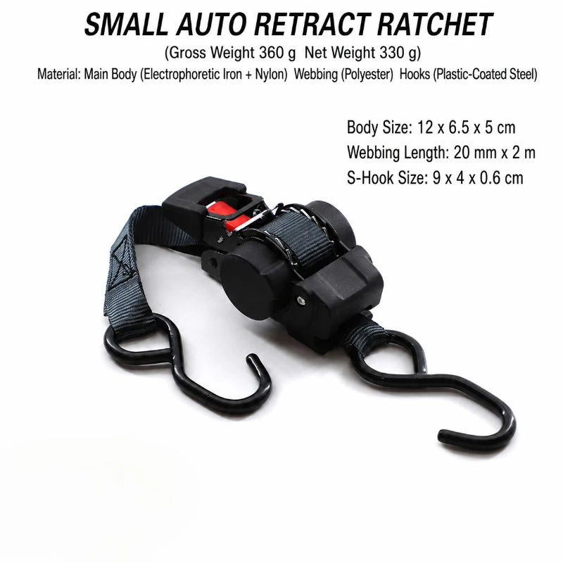 Black auto retract ratchet set with webbing and hooks for cargo securing
