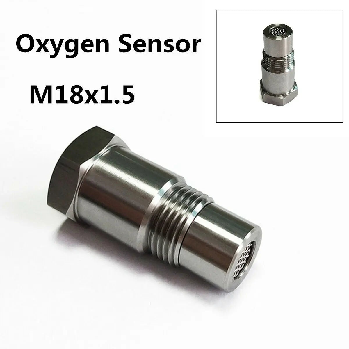 A silver M18x1.5 oxygen sensor adapter is shown in a close-up view.