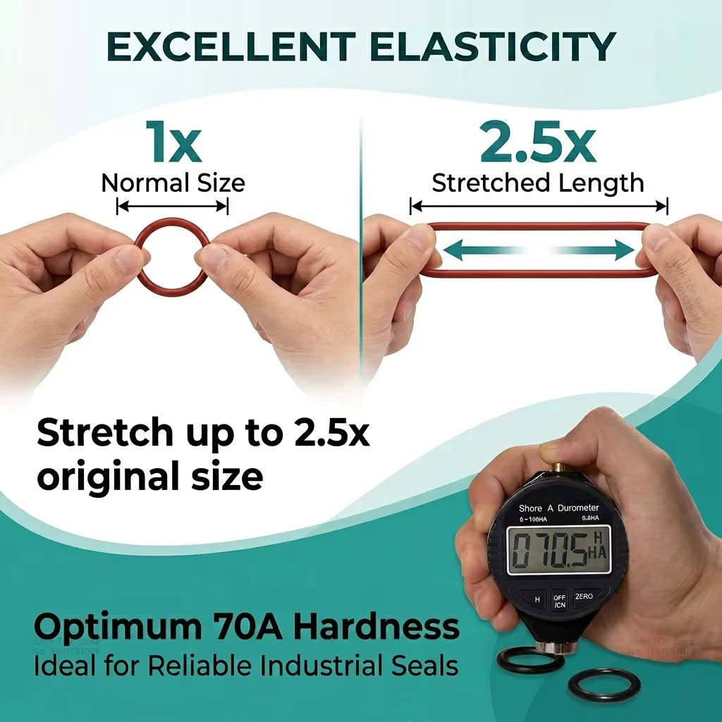 Hands demonstrate the elasticity of a silicone O-ring, showing it can stretch up to 2.5 times its normal size.