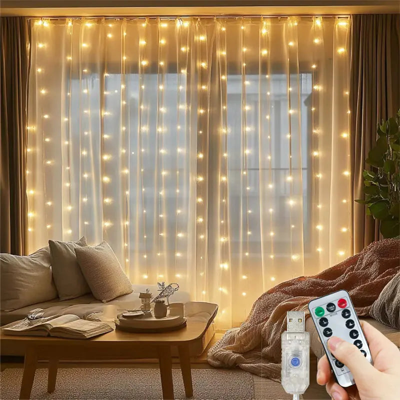 أضواء خيطية LED لتغطية نافذة بقماش شفاف وإضاءة دافئة.