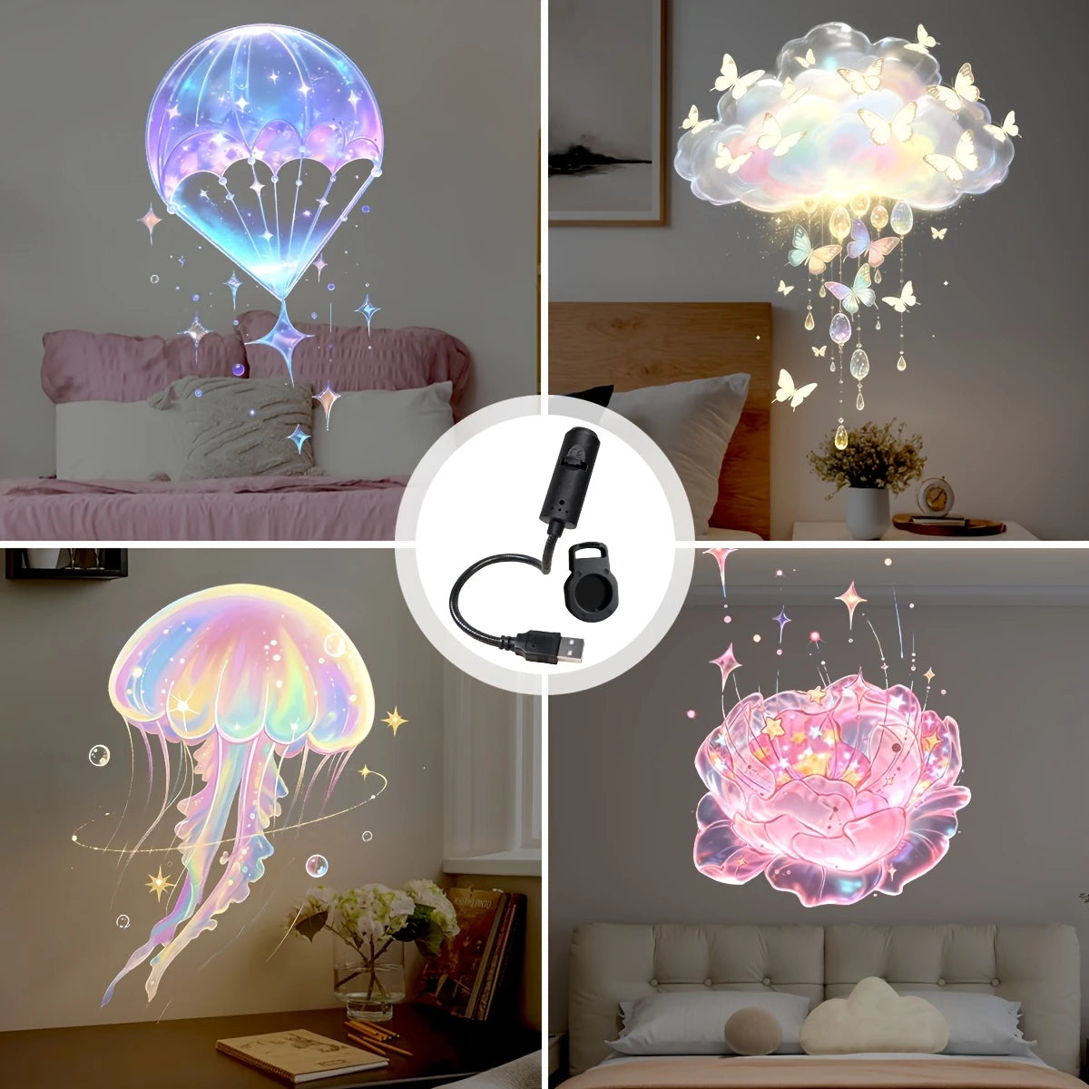 Una luz proyectora USB LED de múltiples patrones ilumina un diseño floral rosa y morado en una habitación.