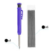 A set of six black pencils with metal tips stored in a clear plastic container and a single pencil with a purple body.